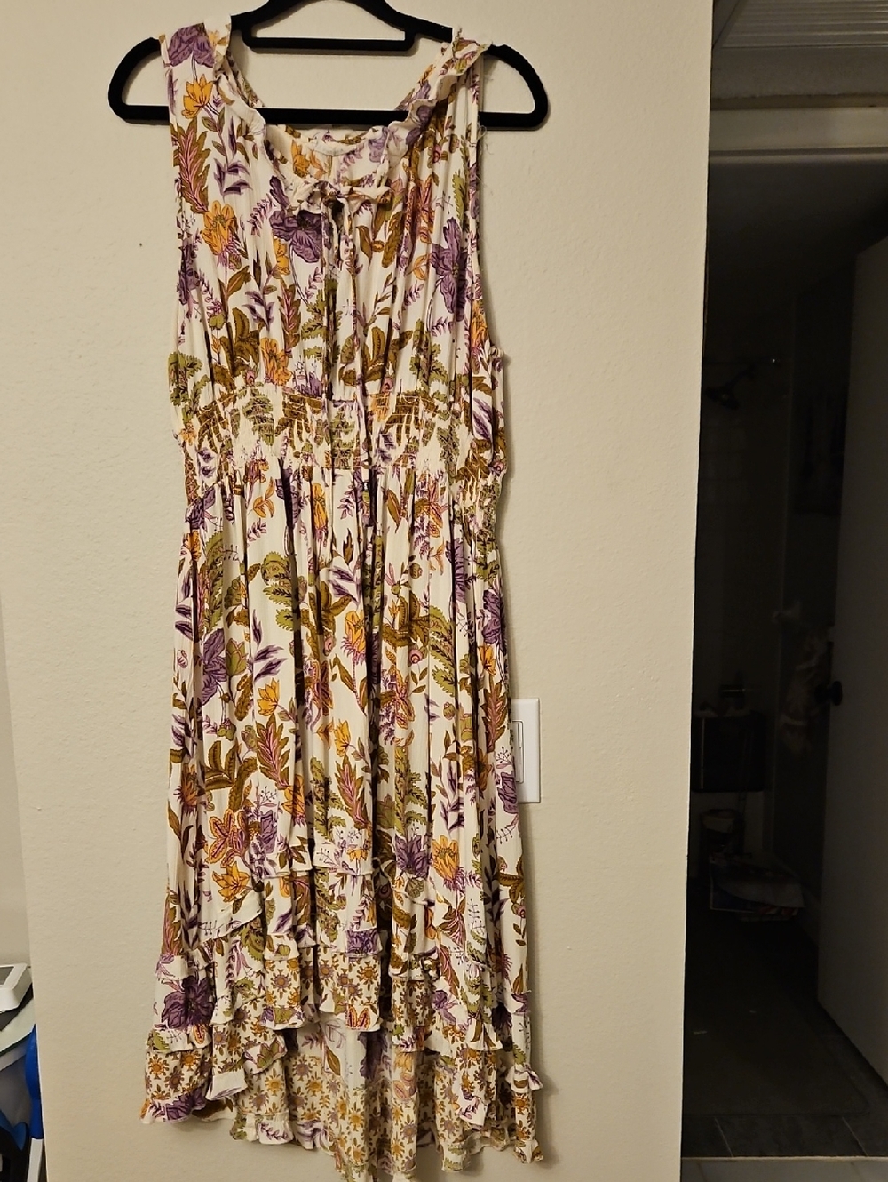 Floral Tiered Sleeveless Midi Dress in Cream with Purple & Mustard